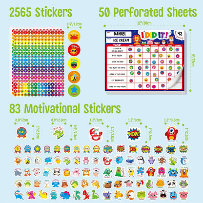 Magnetic I Did It Reward Chart, Behavior Reward Chart System with 50 Perforated Sheets plus 2648 Motivational Stickers Fridge Daily Schedule Chore Chart to Motivate Good Habits & Responsibilities