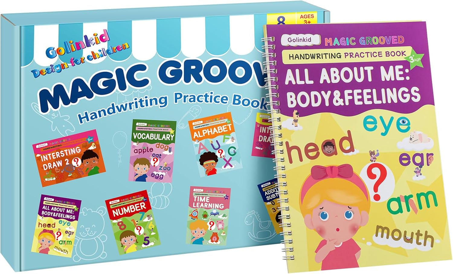Magic Grooved Writing Practice, Grooved Handwriting Practice for Kids 8 Books, Preschool Workbook for Ages 3-10 with 6 Magic Pens 10 Ink Refills, 3 Pencil Grips for Kids Handwriting