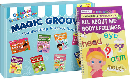 Magic Grooved Writing Practice, Grooved Handwriting Practice for Kids 8 Books, Preschool Workbook for Ages 3-10 with 6 Magic Pens 10 Ink Refills, 3 Pencil Grips for Kids Handwriting