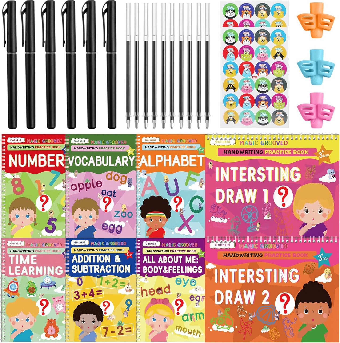 Magic Grooved Writing Practice, Grooved Handwriting Practice for Kids 8 Books, Preschool Workbook for Ages 3-10 with 6 Magic Pens 10 Ink Refills, 3 Pencil Grips for Kids Handwriting
