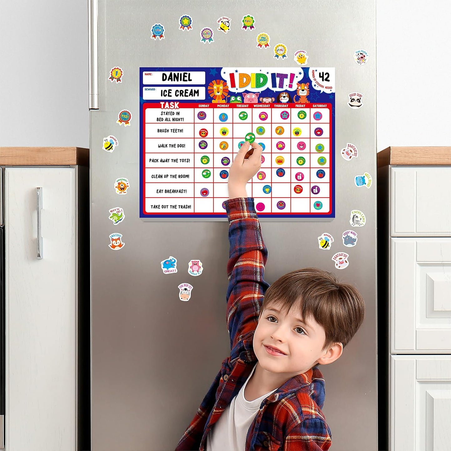 Magnetic I Did It Reward Chart, Behavior Reward Chart System with 50 Perforated Sheets plus 2648 Motivational Stickers Fridge Daily Schedule Chore Chart to Motivate Good Habits & Responsibilities