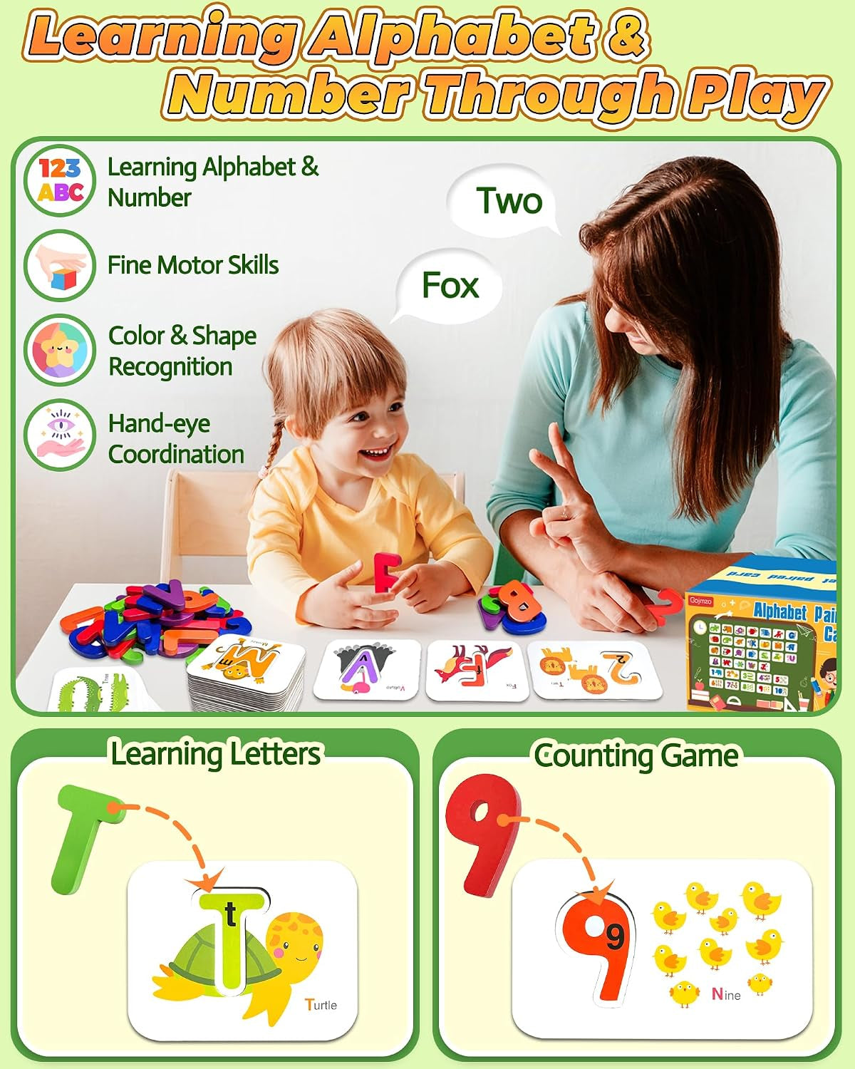 Alphabet Flash Cards, ABC Learning Toys for Kids 3-5, Wooden Letters Number Blocks Sight Words Matching Game, Montessori Educational Toys for 3+ Year Old, Toddler Preschool Learning Activities