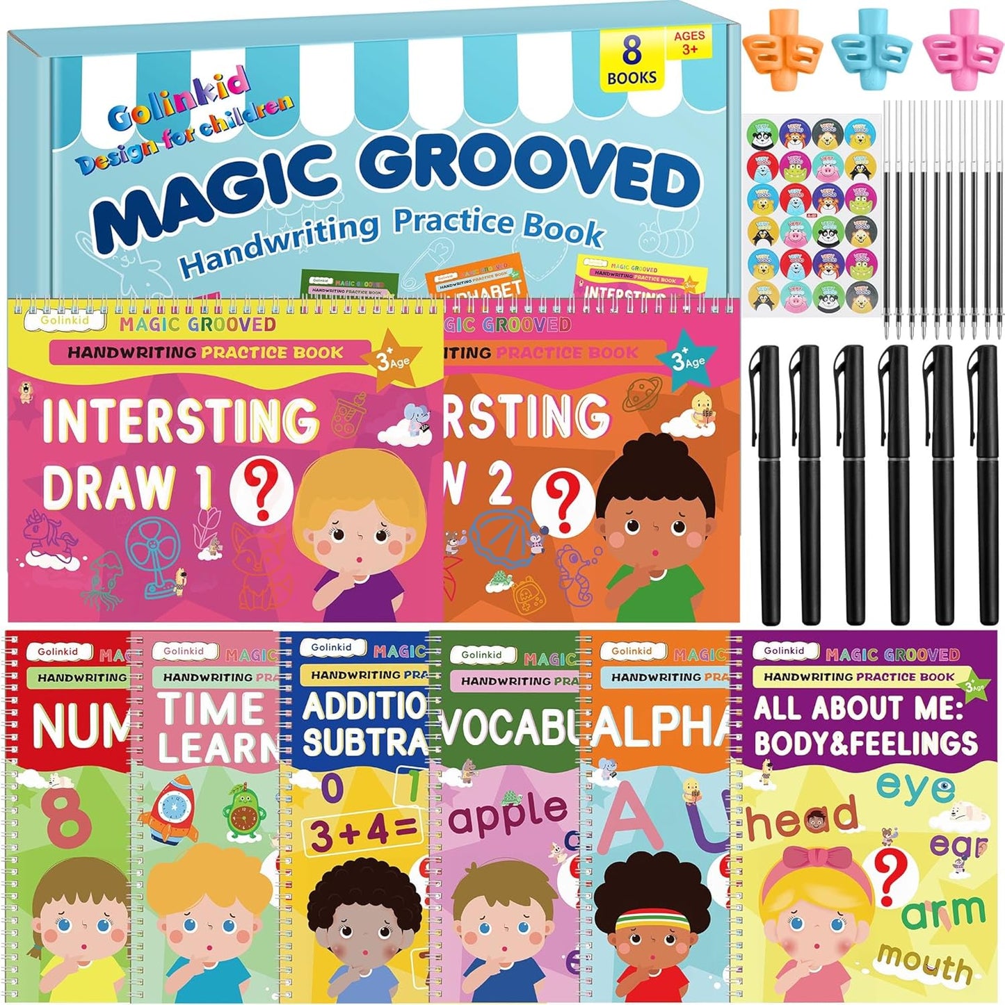 Magic Grooved Writing Practice, Grooved Handwriting Practice for Kids 8 Books, Preschool Workbook for Ages 3-10 with 6 Magic Pens 10 Ink Refills, 3 Pencil Grips for Kids Handwriting