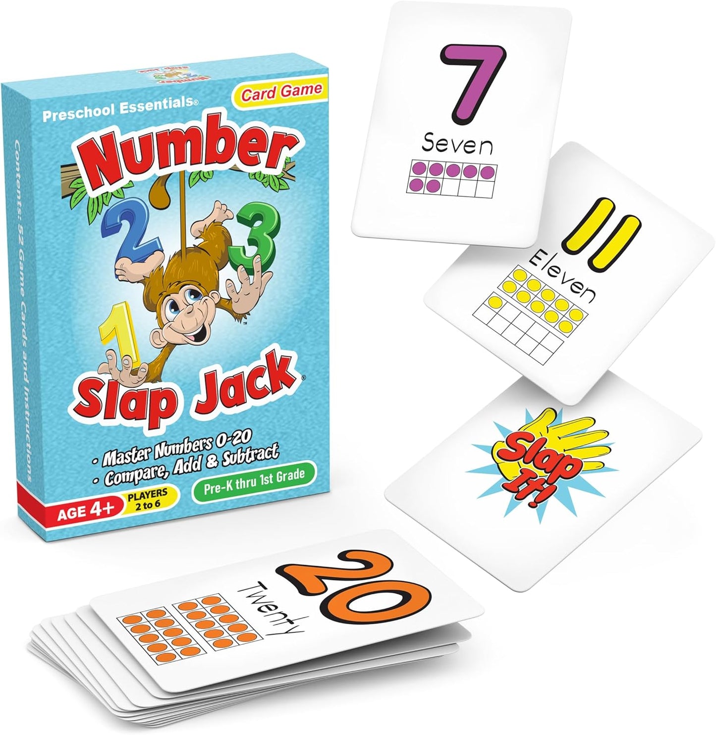 Number Slap Jack a Math Card Game for Kids Ages 4 and up | the Easy Way to Learn Numbers 0-20 | 4 Fun Ways to Play | Featuring Ten Frames and Operator Cards <>,+,-,= | Prek - 1St Grade