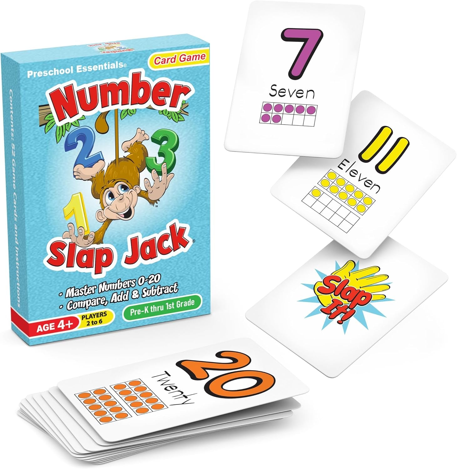 Number Slap Jack a Math Card Game for Kids Ages 4 and up | the Easy Way to Learn Numbers 0-20 | 4 Fun Ways to Play | Featuring Ten Frames and Operator Cards <>,+,-,= | Prek - 1St Grade