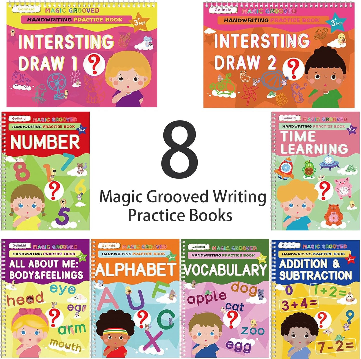 Magic Grooved Writing Practice, Grooved Handwriting Practice for Kids 8 Books, Preschool Workbook for Ages 3-10 with 6 Magic Pens 10 Ink Refills, 3 Pencil Grips for Kids Handwriting