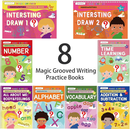 Magic Grooved Writing Practice, Grooved Handwriting Practice for Kids 8 Books, Preschool Workbook for Ages 3-10 with 6 Magic Pens 10 Ink Refills, 3 Pencil Grips for Kids Handwriting