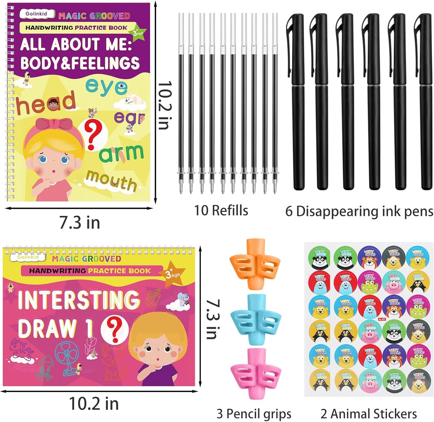 Magic Grooved Writing Practice, Grooved Handwriting Practice for Kids 8 Books, Preschool Workbook for Ages 3-10 with 6 Magic Pens 10 Ink Refills, 3 Pencil Grips for Kids Handwriting